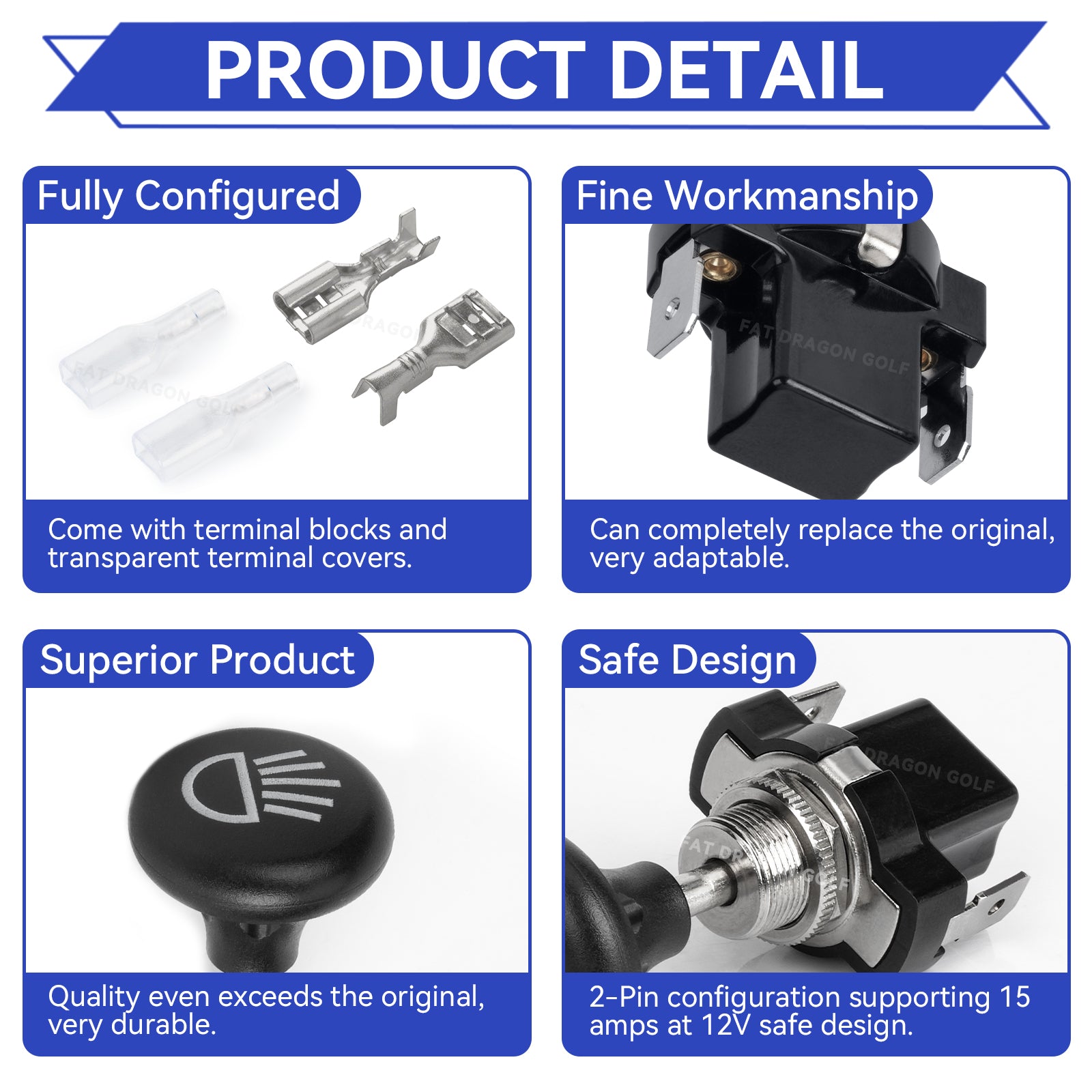 Universal Golf Cart Push Button Light Switch for Club Car Yamaha EZGO - 12Volt Light Switch, OEM #4034 | Drive-up
