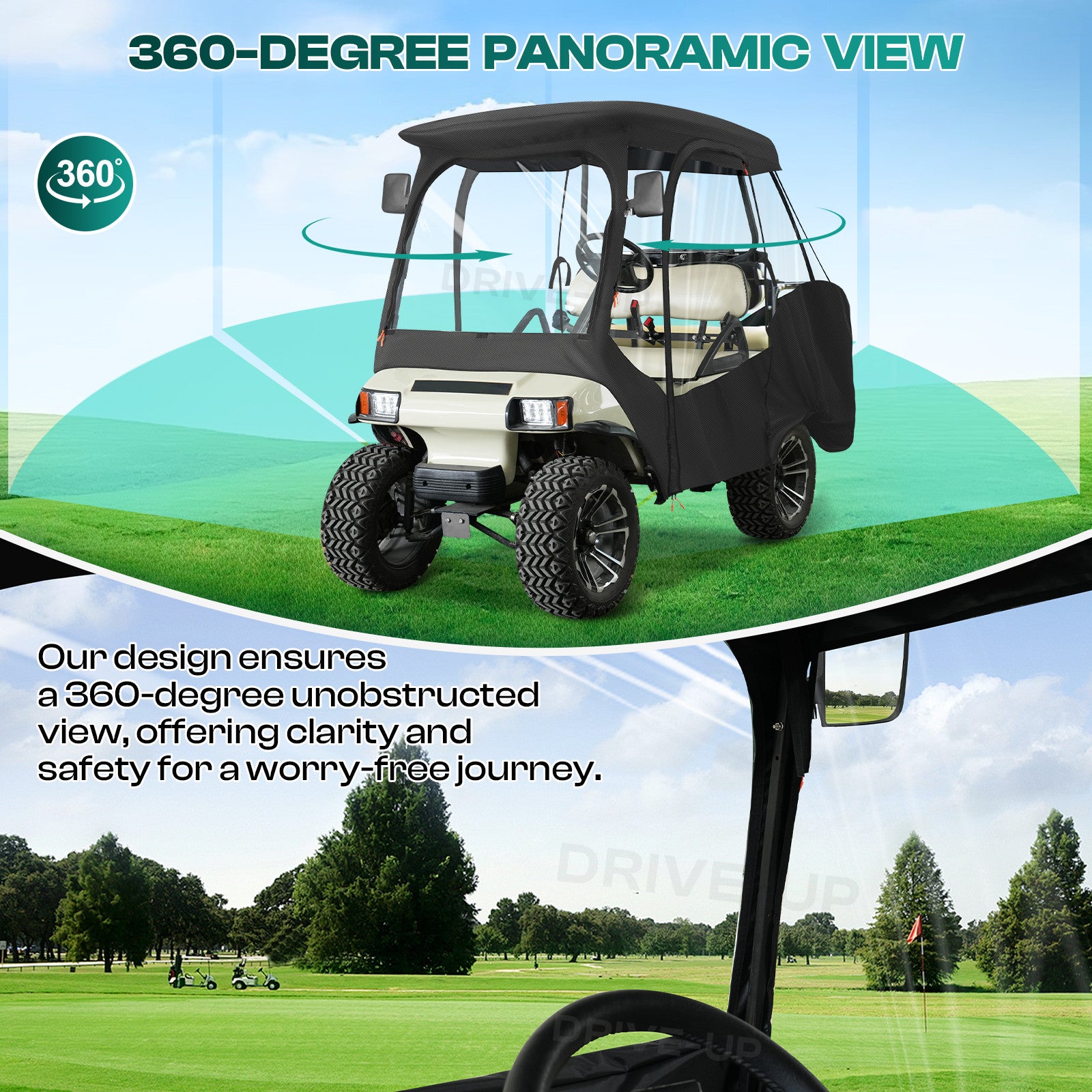 Club Car Driving Enclosure for 4 Passenger DS, 600D Golf Cart Rain Cover with Zipper Door & 4-Sided Clear Window |Drive-up