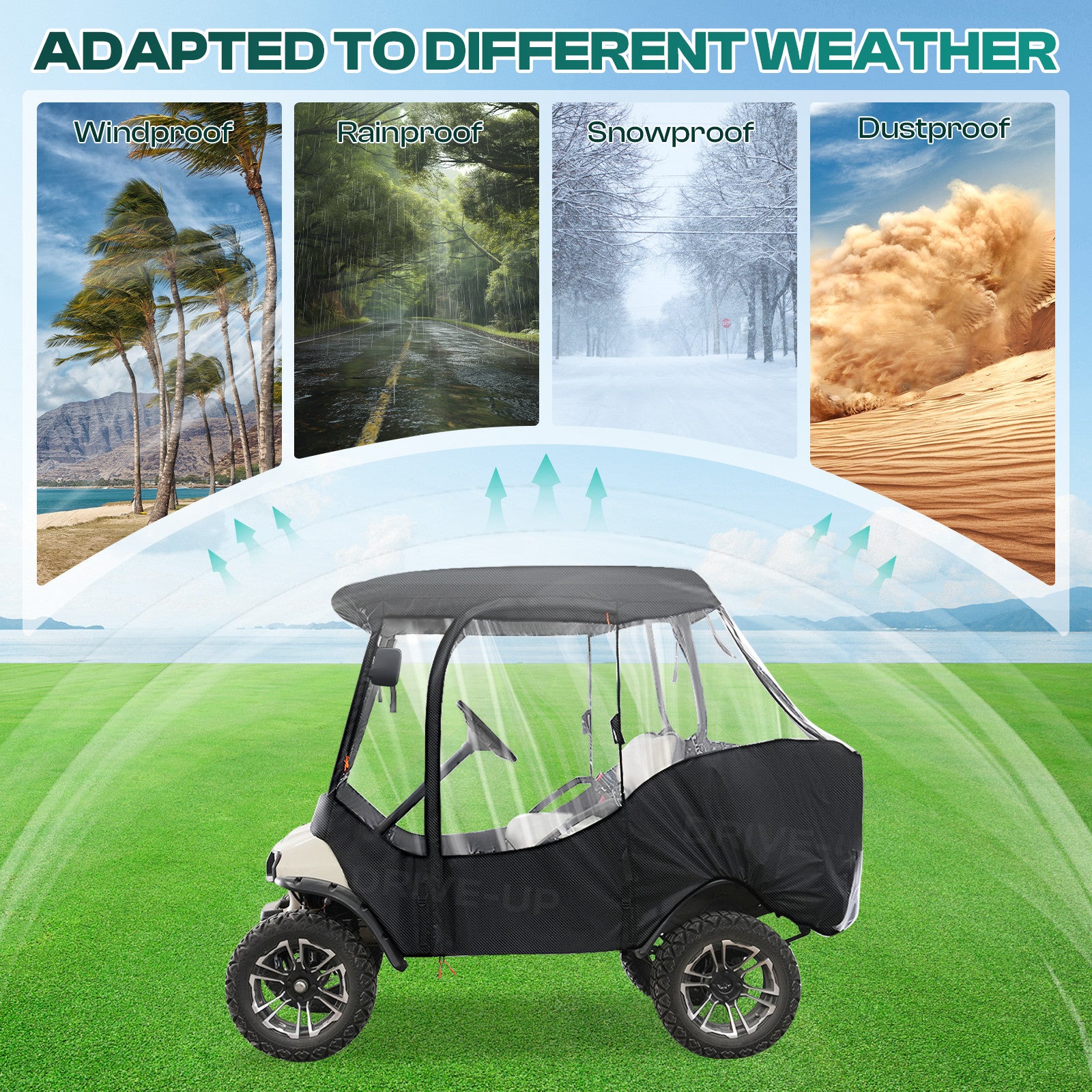 Club Car Driving Enclosure for 4 Passenger DS, 600D Golf Cart Rain Cover with Zipper Door & 4-Sided Clear Window |Drive-up
