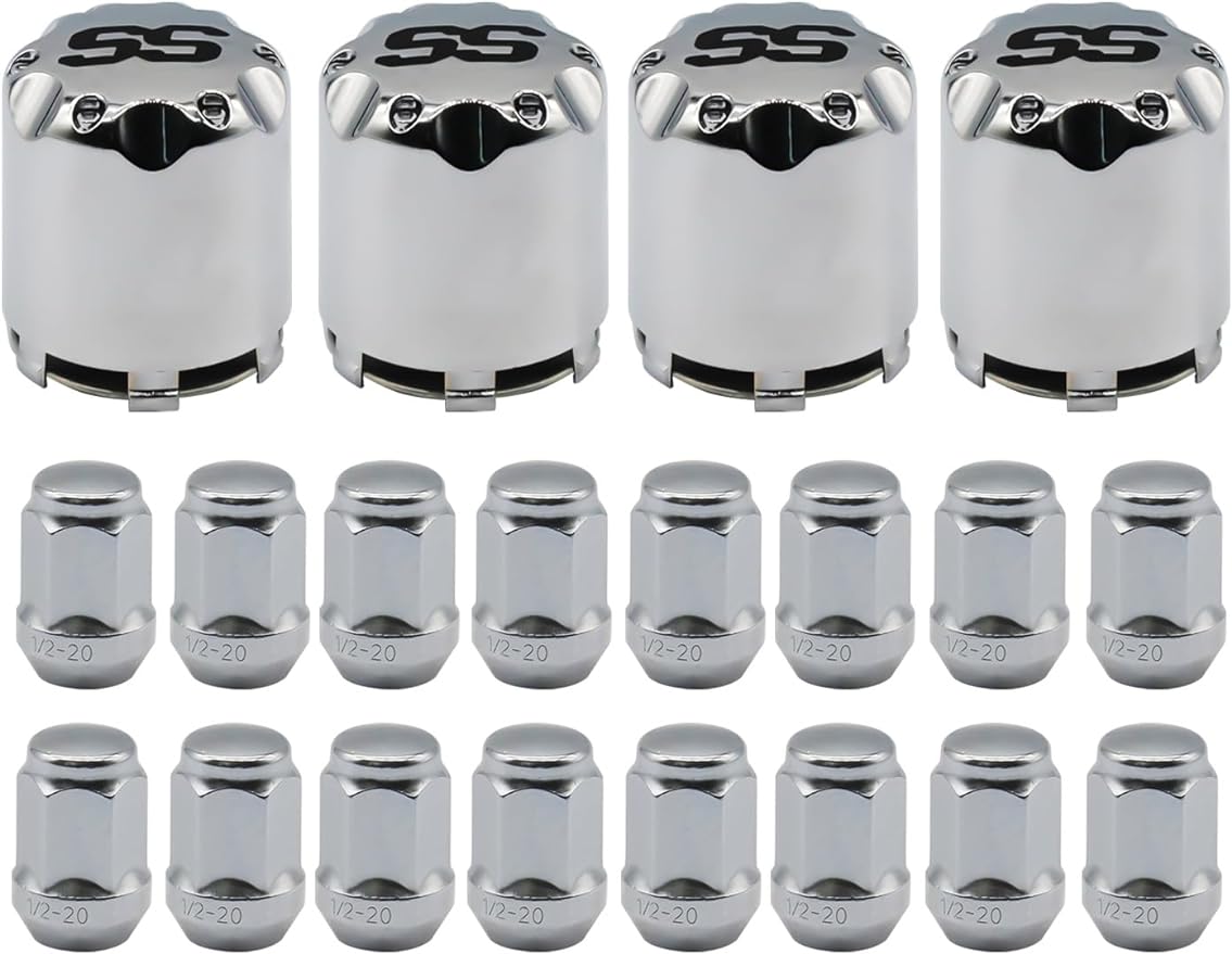 Chrome Golf Cart Center Caps & Wheel Lug Nuts Kit, 4 PCS ITP SS Wheel Hub Cap and 16 PCS Lug Nut for EZGO, Club Car¡
