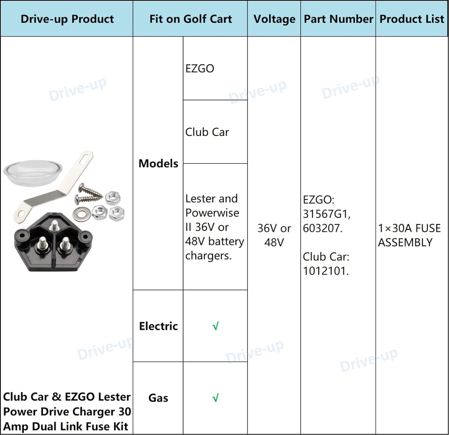Drive-up Golf Cart Lester Power Drive Charger 30 Amp Dual Link Fuse Kit Fits Club Car EZGO Models Replaces OEM 1012101, 31567G1, 603207