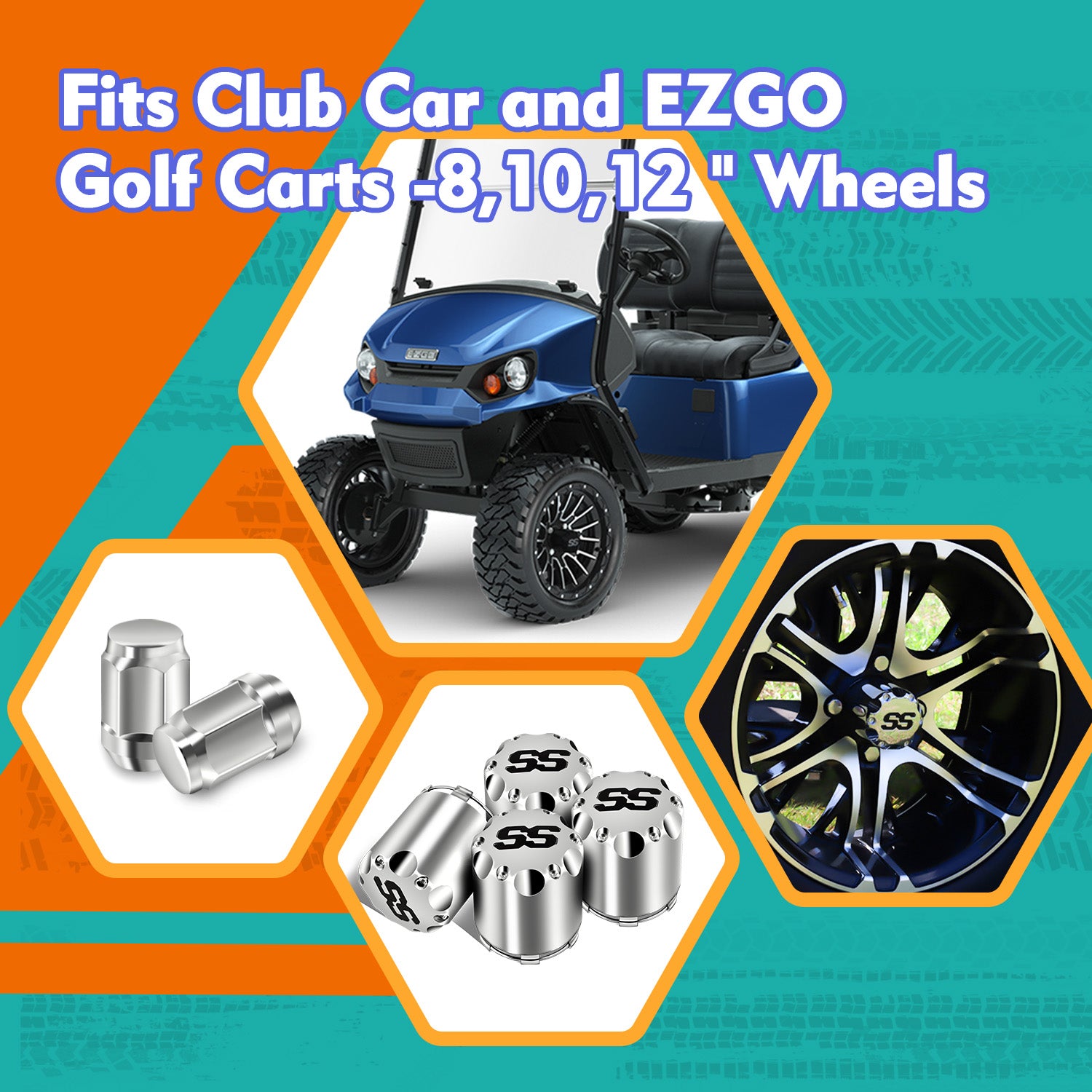 Chrome Golf Cart Center Caps & Wheel Lug Nuts Kit, 4 PCS ITP SS Wheel Hub Cap and 16 PCS Lug Nut for EZGO, Club Car¡