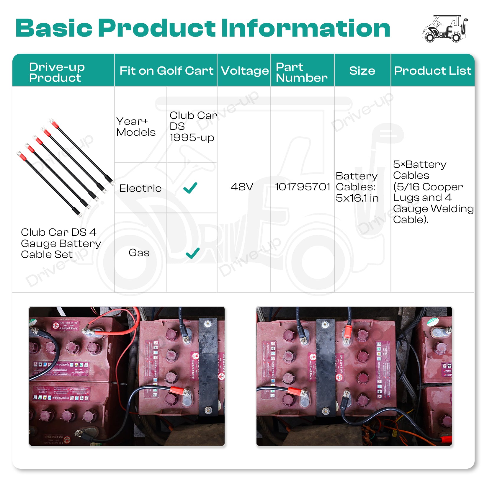 Golf Cart Battery Cable Set for Club Car DS 1995-Up 48 Volt 4 Gauge (Set of 5) |Drive-up