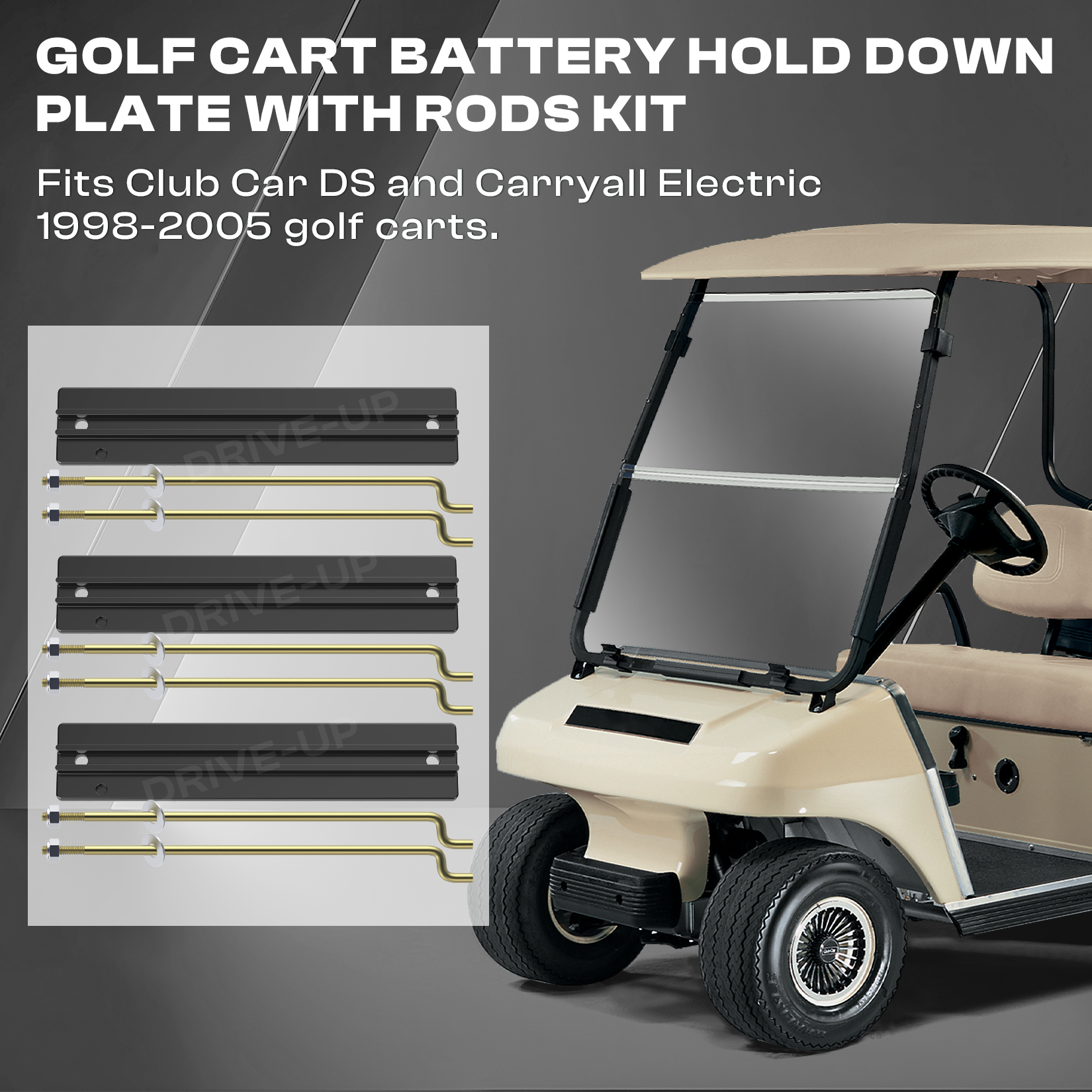 Golf Cart Battery Hold Down Plate with Rods Kit for Club Car DS and Carryall Electric Modles |Drive-up