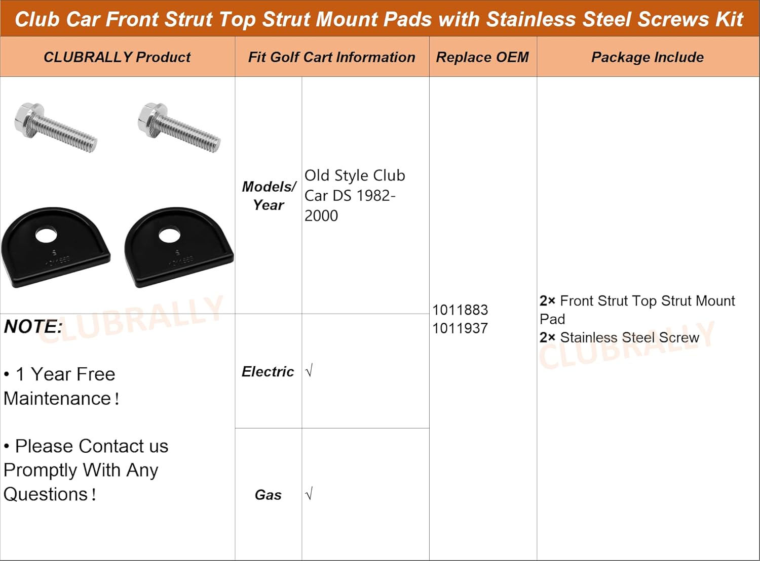Golf Cart Front Top Strut Mount Pads with Stainless Steel Screws Kit, Fit for Club Car DS
