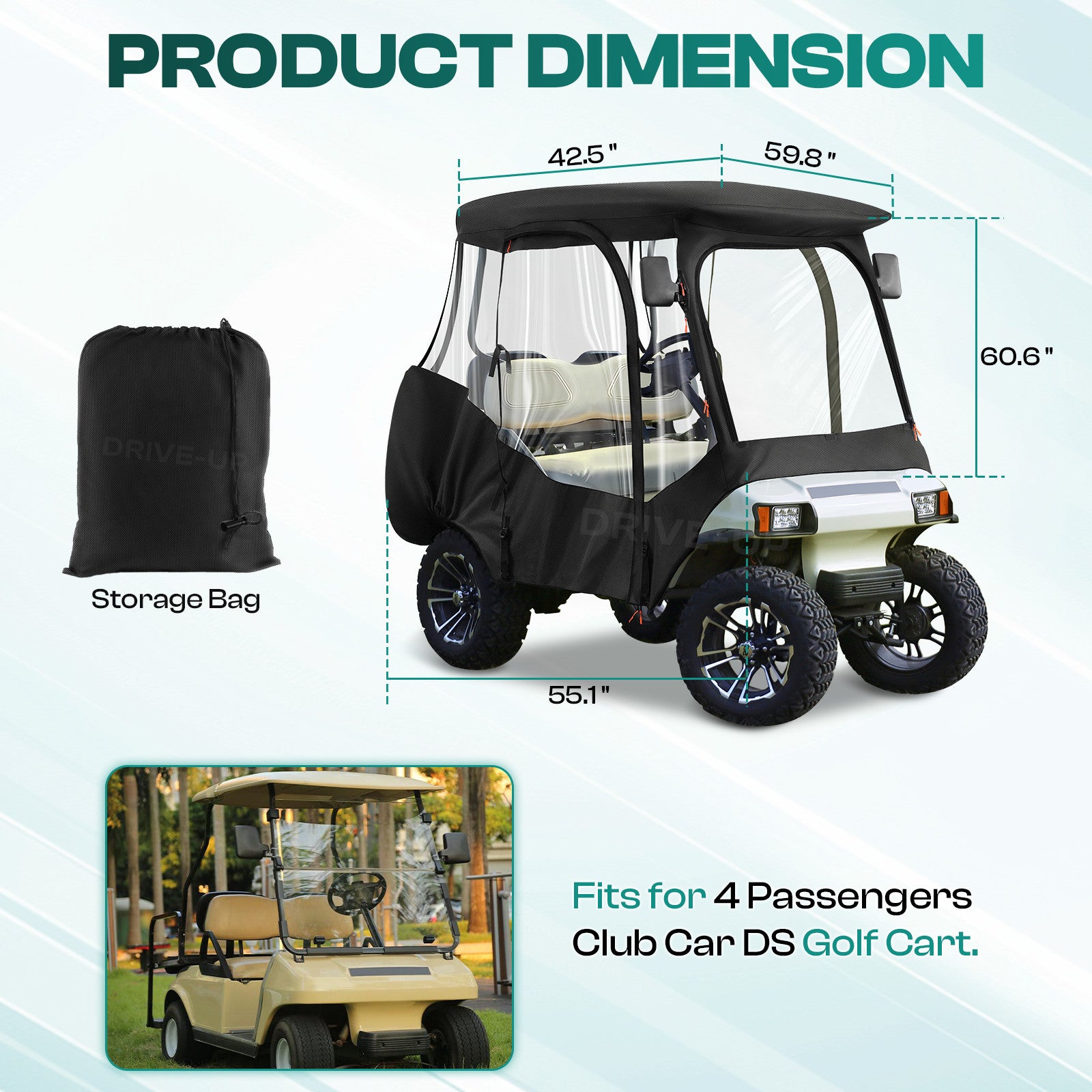 Club Car Driving Enclosure for 4 Passenger DS, 600D Golf Cart Rain Cover with Zipper Door & 4-Sided Clear Window |Drive-up
