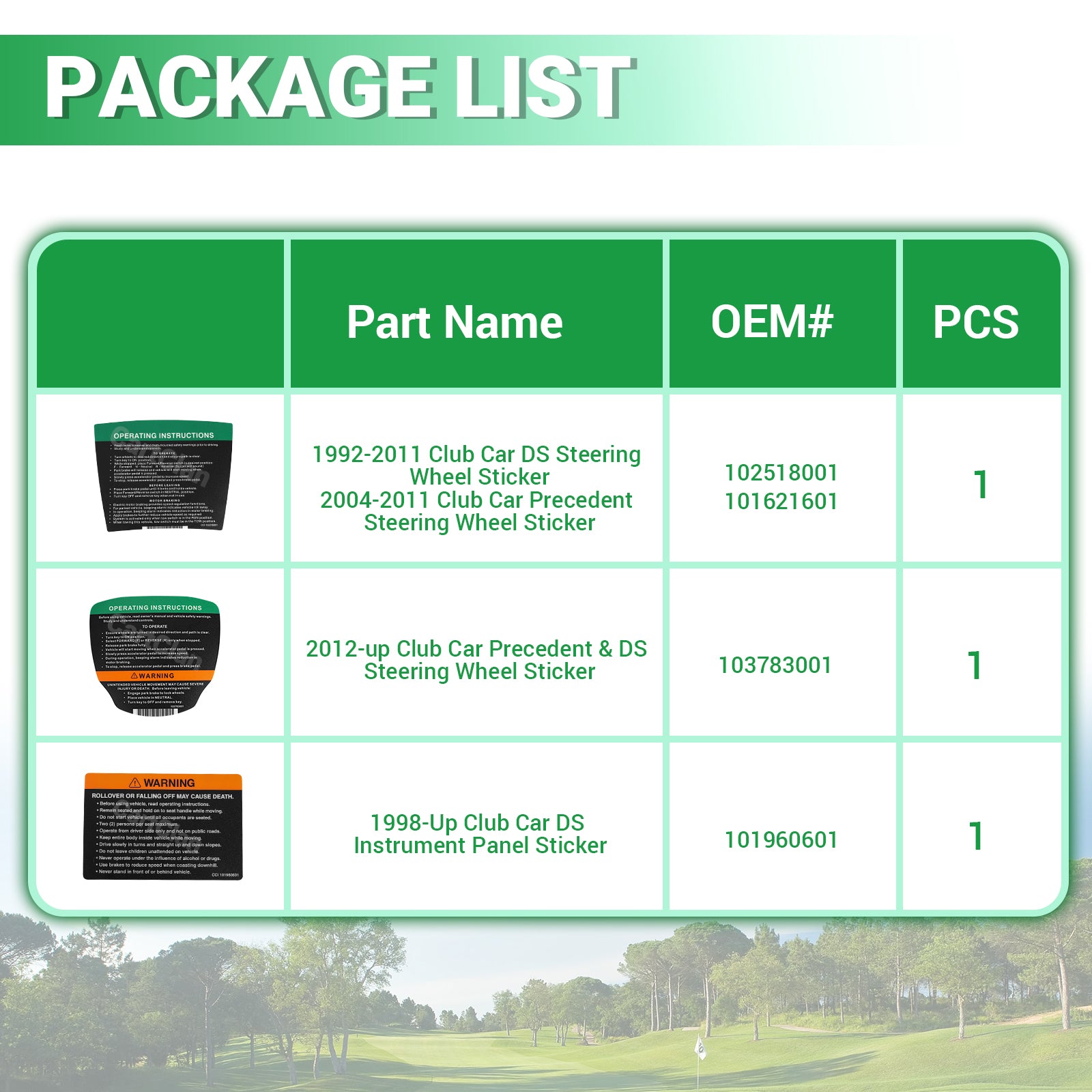 Golf Cart Steering Wheel Sticker/Dashboard Sticker Kit, for Club Car Precedent & DS Elec Models, OEM #102518001, 101621601 |Drive-up