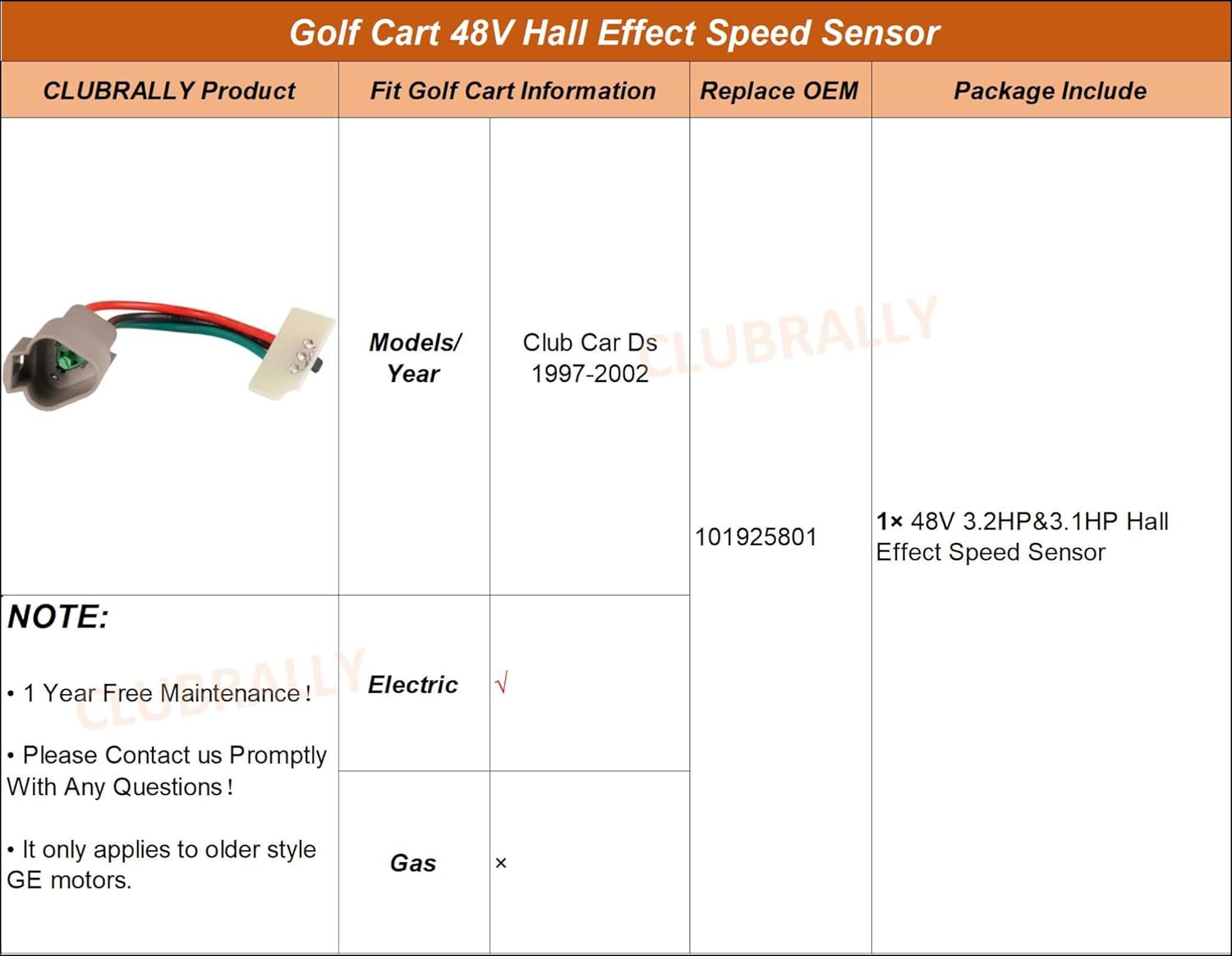 Golf Cart 48V Hall Effect Speed Sensor(with Magnet) for Club Car DS Electric 1997-2002 GE Motor, OEM #101925801 1019258-01 |Drive-up