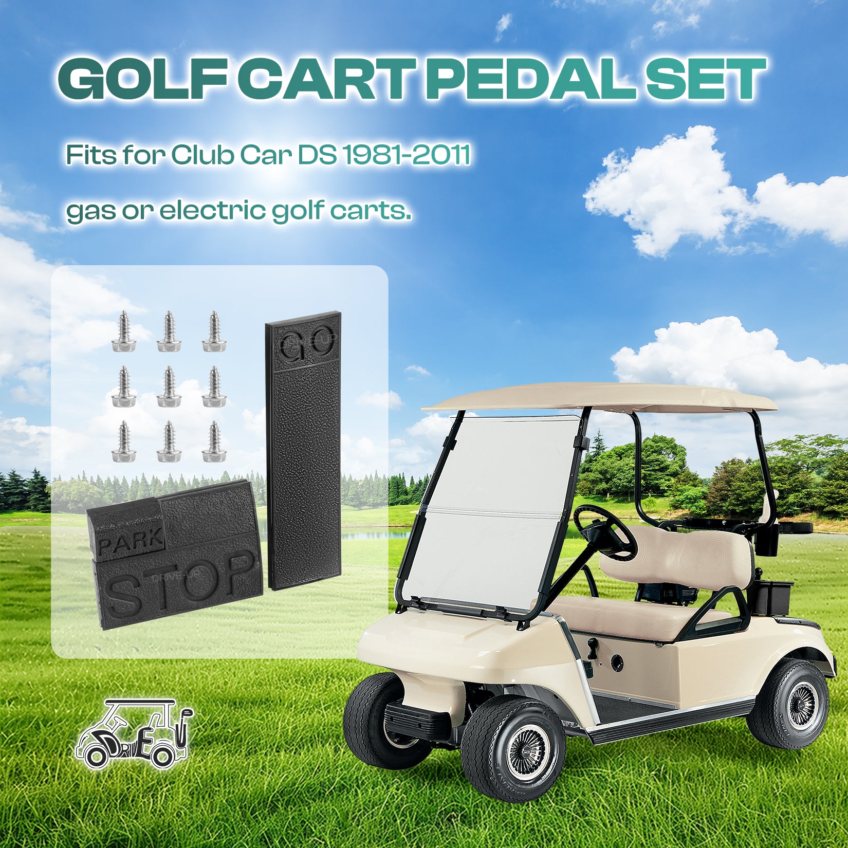 Golf Cart Pedal Set, Golf Cart Accelerator & Brake Pedal Pad Cover For Club Car DS 1981-2011, OEM #1013869 1013870 1013871 |Drive-up