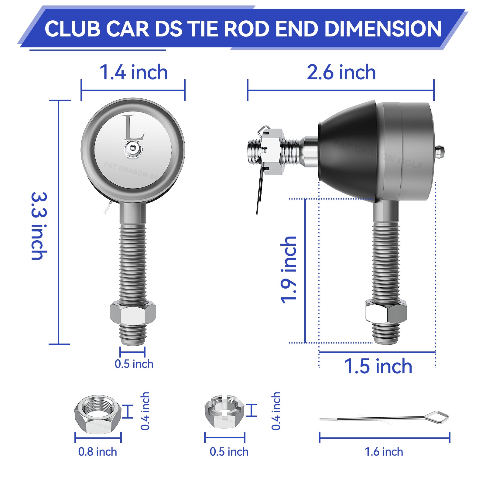 Golf Cart Ball Joint Kit-Club Car DS Tie Rod End Set of 3, Club Car DS Tie Rod End with Grease Fitting |Drive-up