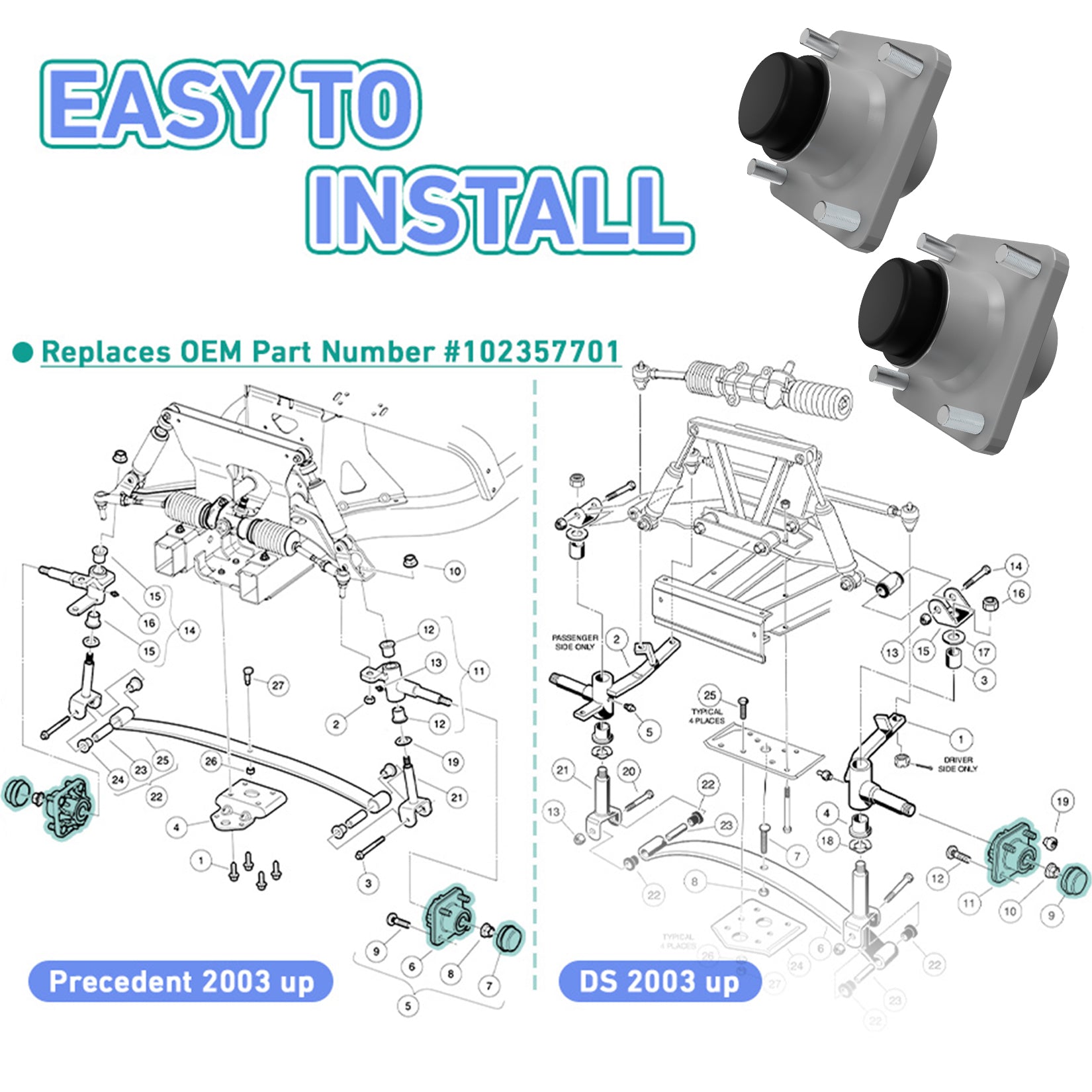 Drive-up Golf Cart Front Wheel Hub Assembly, Club Car Front Wheel Hub with Bearings Oil Dust Seal for Club Car Precedent and DS 2003-Up and Tempo 2018-Up Gas or Electric Golf Carts, OEM 102357701