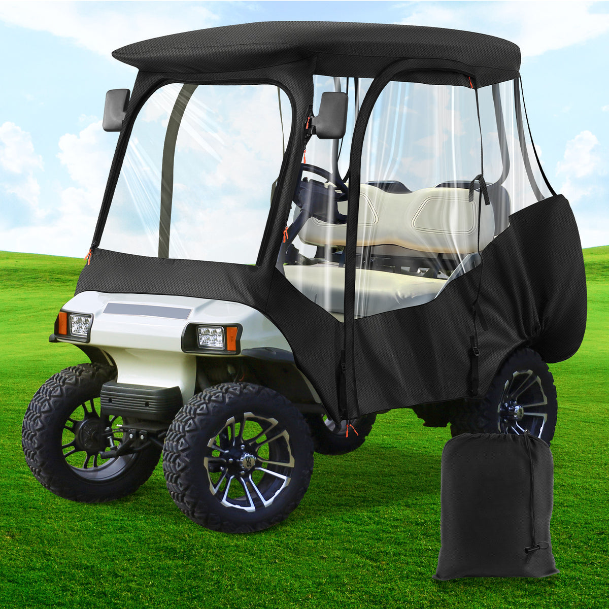 Club Car Driving Enclosure for 4 Passenger DS, 600D Golf Cart Rain Cover with Zipper Door & 4-Sided Clear Window |Drive-up