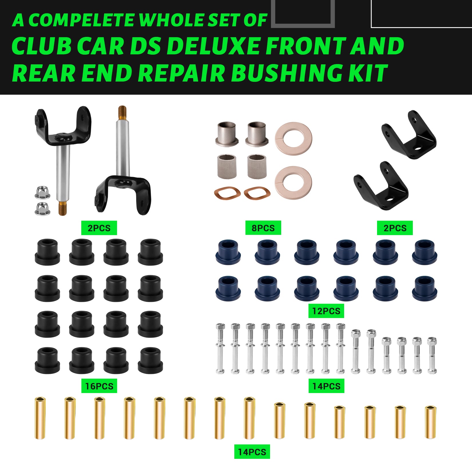 Deluxe Golf Cart Front and Rear End Repair Bushing Kits for Club Car DS 1993-Up Gas and Electric Models