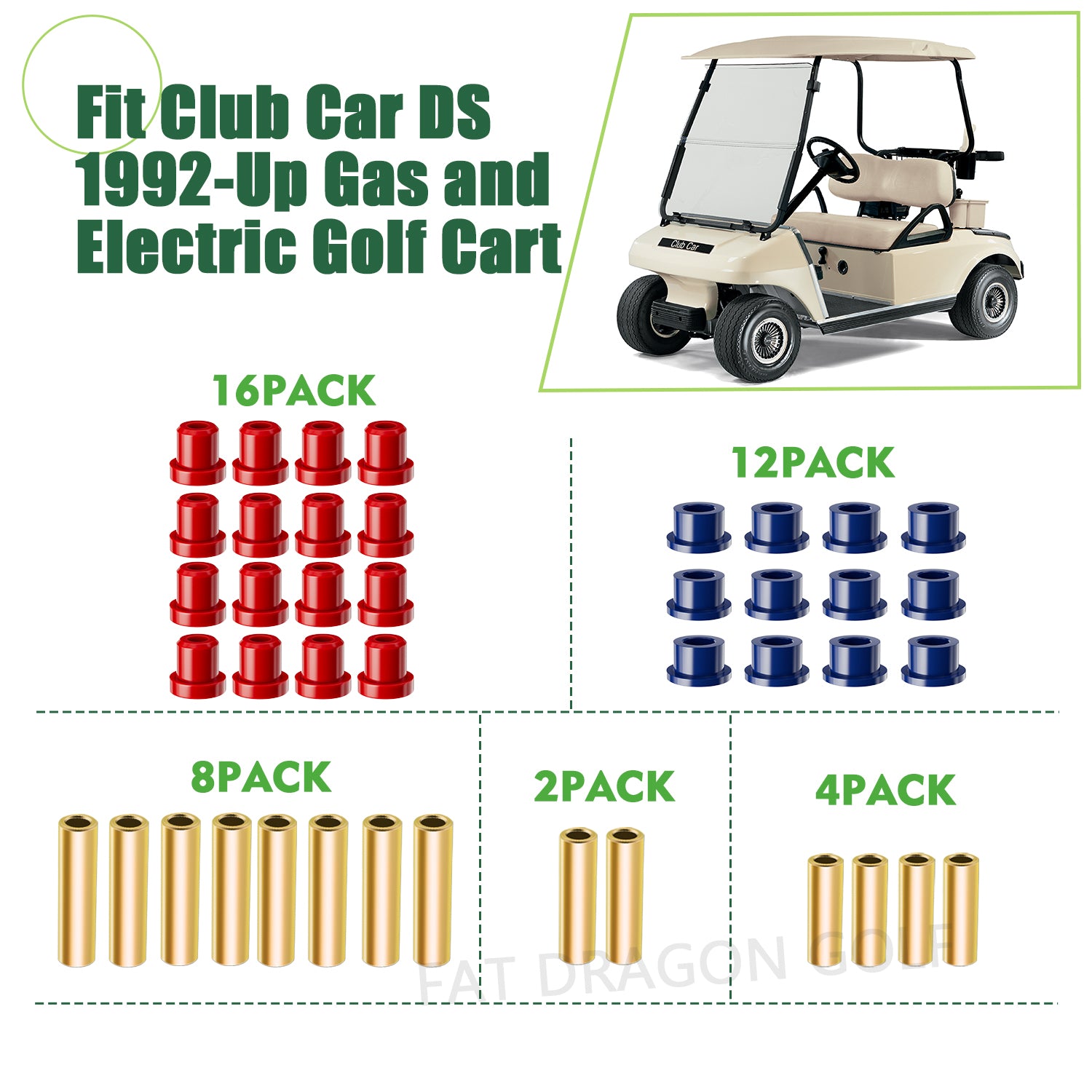 Panglong Club Car DS Bushing Kit for A Arm, Front and Rear Suspension; Polyurethane Bushings Kit Suitable for 1992-Up DS Golf Cart; OEM#1016346, 1016349, 1016350, 1015583, 1012303