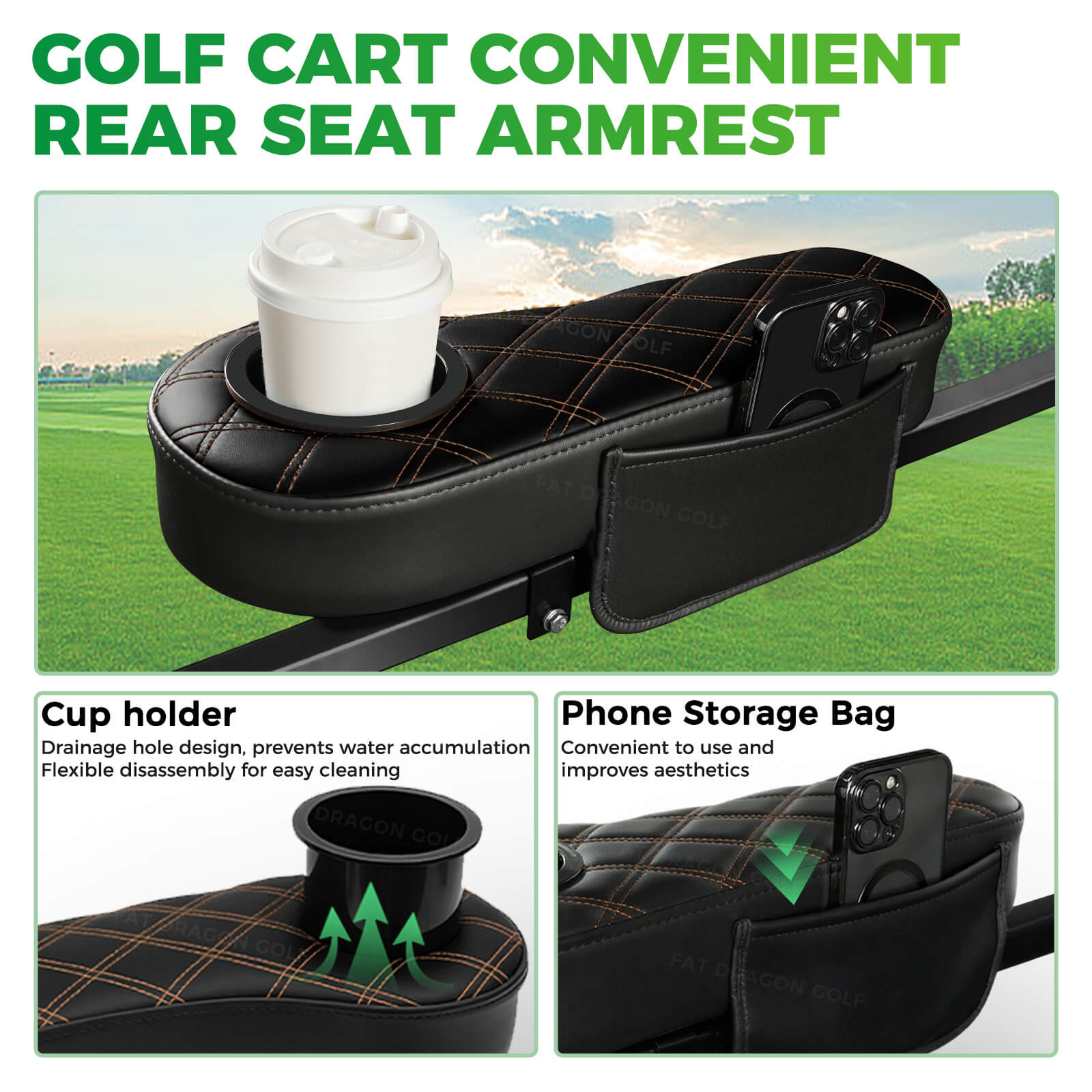 Golf Cart Armrests with Cup Holder and Phone Storage Pouch Fit Club Car EZGO Yamaha | Drive-up