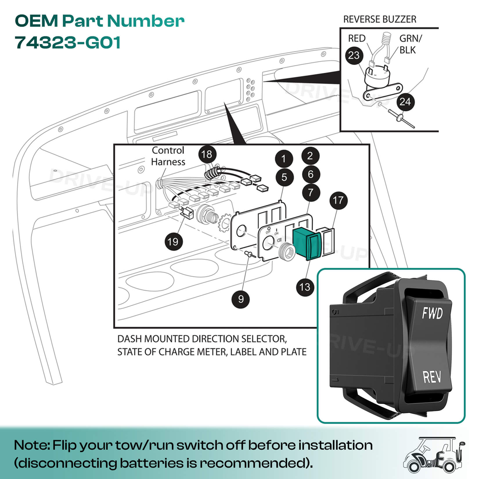 EZGO golf cart forward reverse switch - Fits TXT PDS 2003+ (OEM 74323-G01) | Drive-up