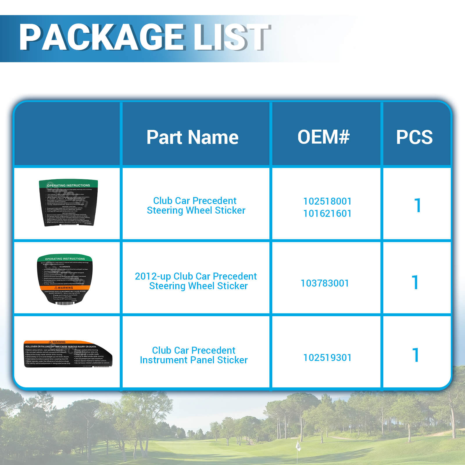 Golf Cart Steering Wheel Sticker/Dashboard Sticker Kit, for Club Car Precedent & DS Elec Models, OEM #102518001, 103783001, 102519301 |Drive-up