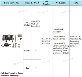 Golf Cart Brake Pawl Lock & Parking Mechanism Kit for Club Car Precedent 2004-2009 1st Generation Pedal