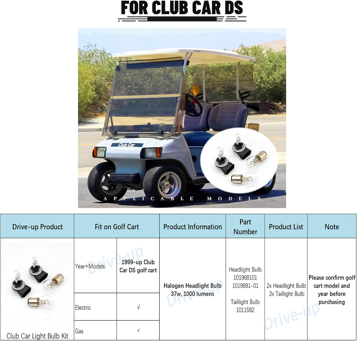 37W Halogen Headlight Bulb Light Bulb Kit for Club Car DS 1999-Up