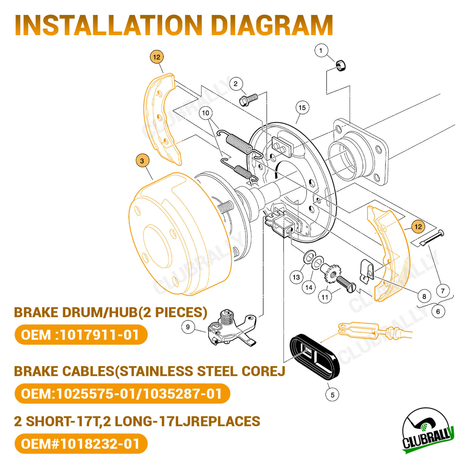 Golf Cart Brake Repair Kit for Club Car Precedent & Tempo - Brake Drums Shoes Cables