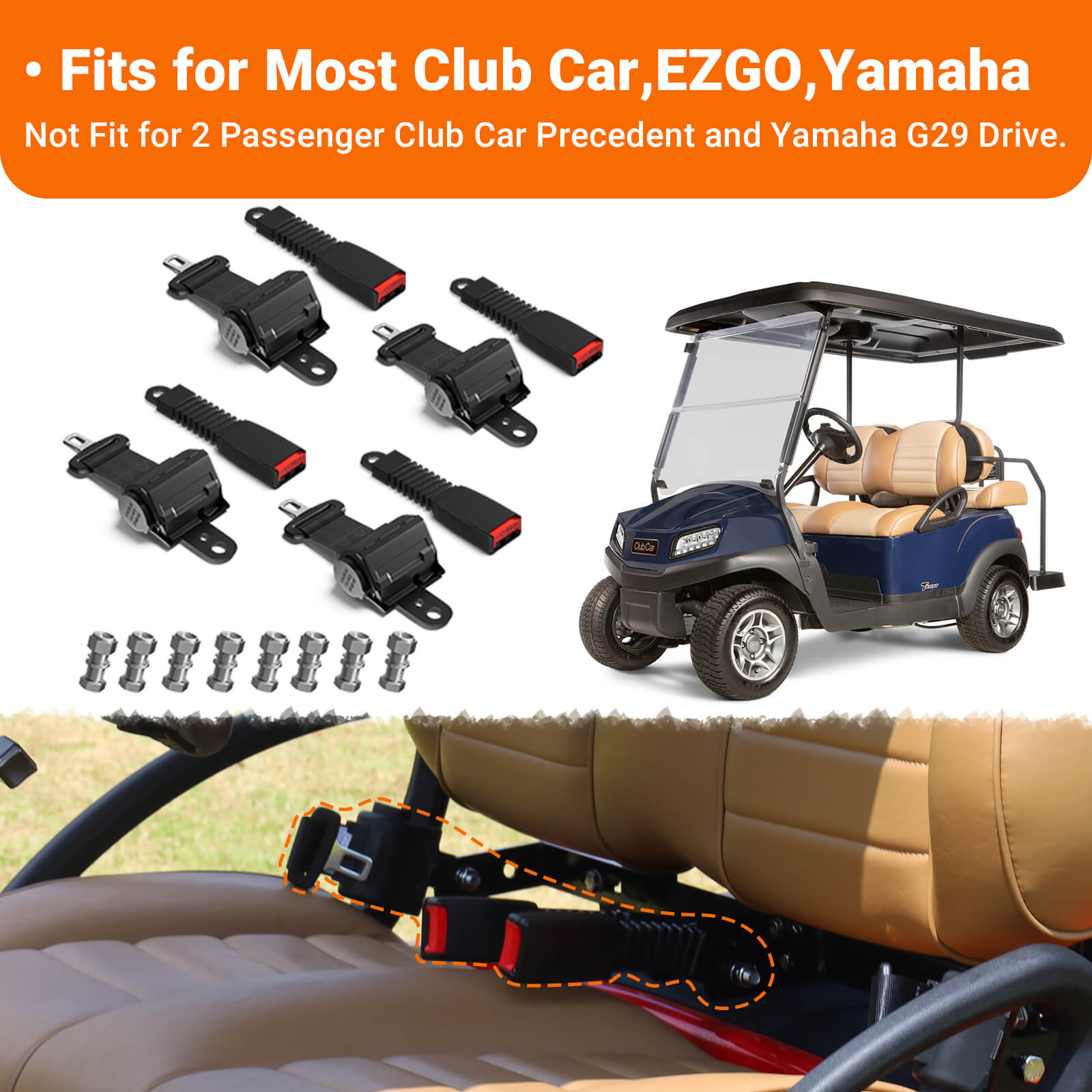 Universal Golf Cart Seat Belts Kit - 40" Retractable (2/4 Set) | Drive-up