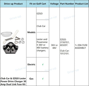 Drive-up Golf Cart Lester Power Drive Charger 30 Amp Dual Link Fuse Kit Fits Club Car EZGO Models Replaces OEM 1012101, 31567G1, 603207