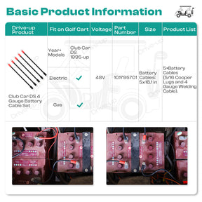 Golf Cart Battery Cable Set for Club Car DS 1995-Up 48 Volt 4 Gauge (Set of 5) |Drive-up