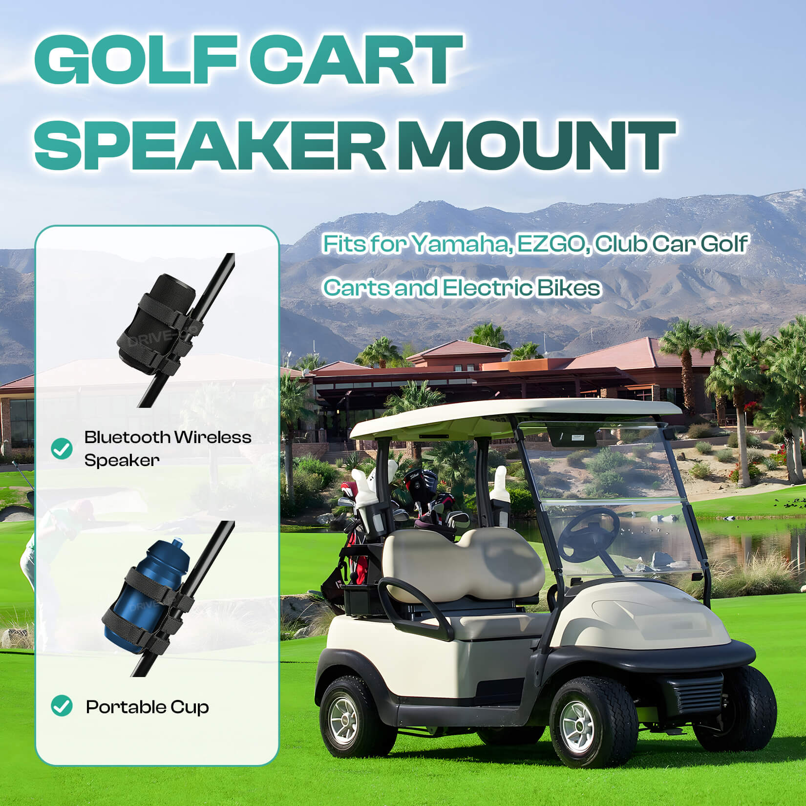Universal Adjustable Strap Speaker Mount for Golf Carts & Electric Bikes