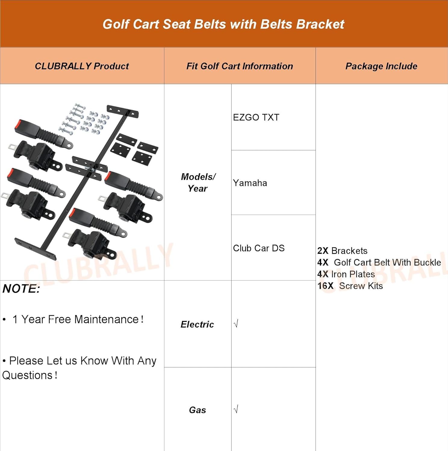42-Inch Golf Cart Retractable Seat Belt Kit with Brackets for 2+2 Golf Carts
