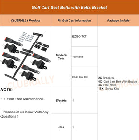 42-Inch Golf Cart Retractable Seat Belt Kit with Brackets for 2+2 Golf Carts