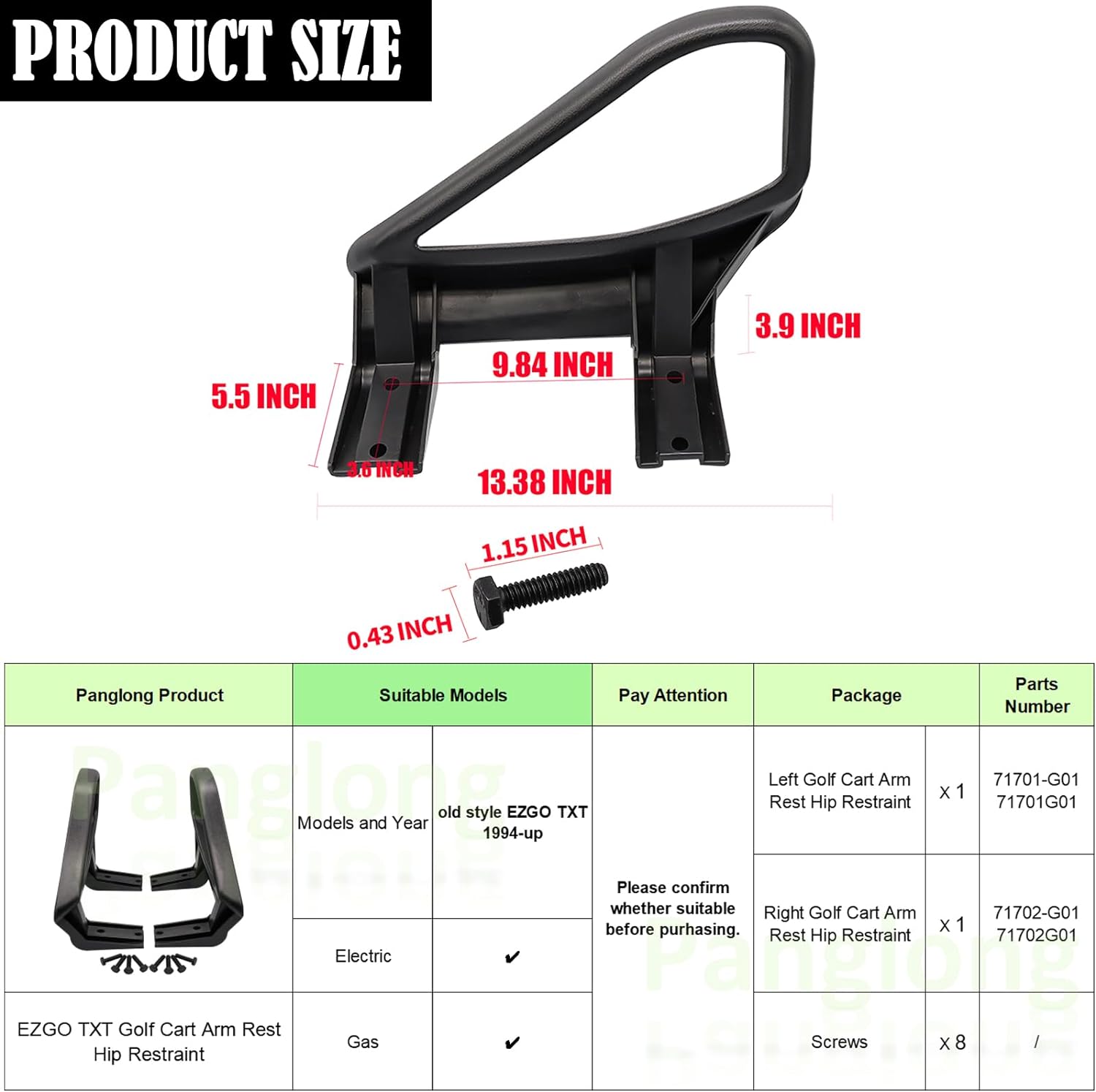 Golf Cart Arm Rest Hip Restraint for EZGO TXT 1994-up Gas & Electric Driver and Passenger Side OEM# 71701-G01 71702-G01 |Drive-up
