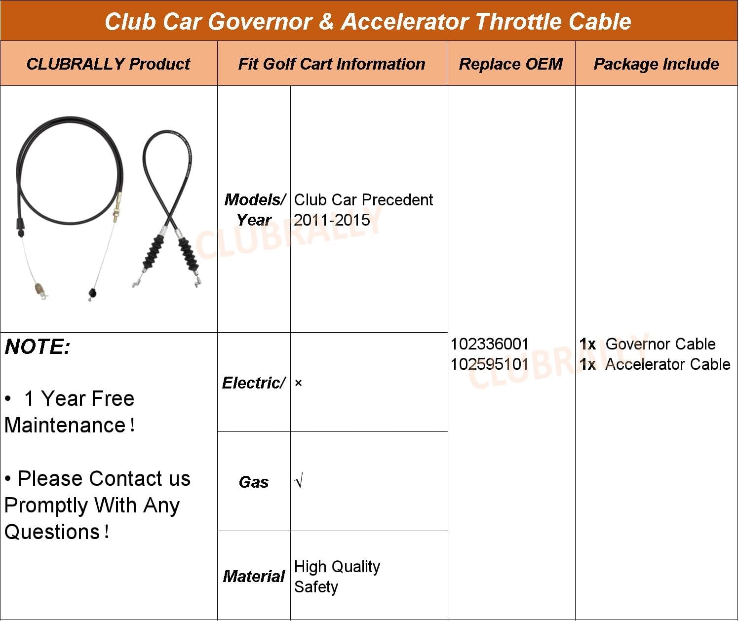 Golf Cart Governor & Accelerator Throttle Cable for Club Car DS & Precedent 2011-2015