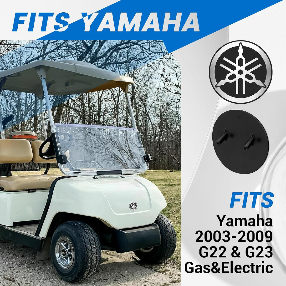 Yamaha golf cart emblem, Yamaha G22 front logo badge, JU0-F4161-00-00 replacement, Yamaha G23 cowl logo