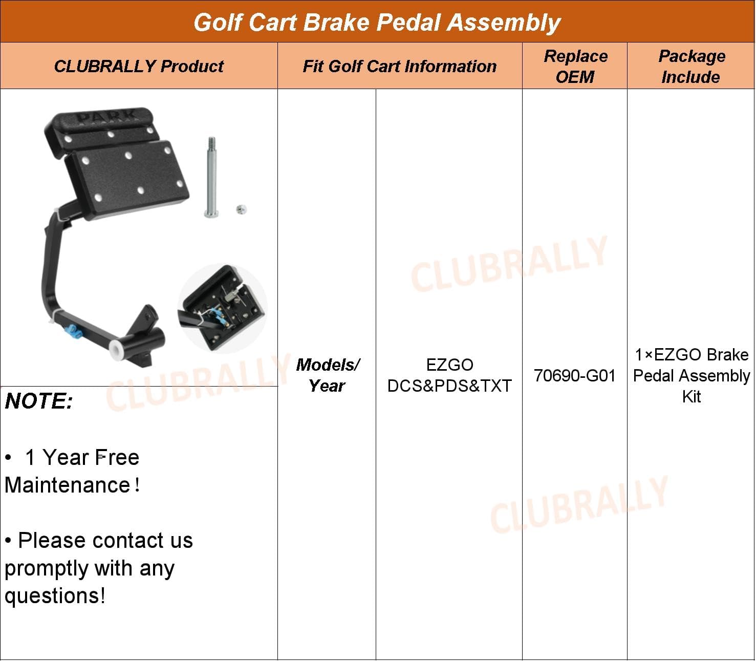 EZGO Brake Pedal Assembly with Brake Light Wire