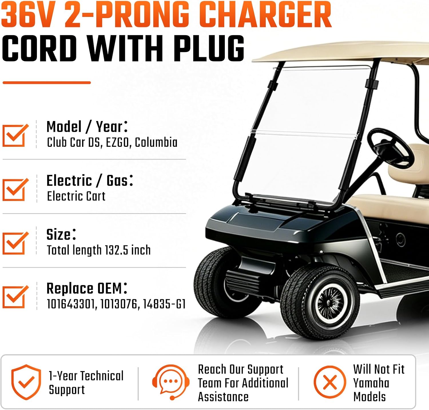 36V DC Golf Cart Charger Cord with 2-Blade Plug for Club Car EZGO