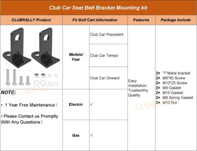 Golf Cart Seat Belt Bracket Mounting Kit for Club Car 2+2 Precedent Tempo Onward