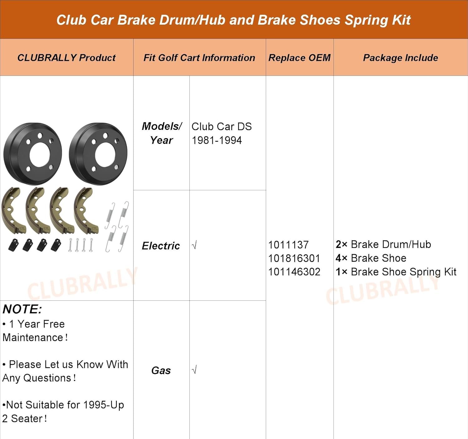 DRIVE UP Golf Cart Brake Drum/Hub and Brake Shoes Spring Kit Fits Club Car DS 1981-1994 4263,1011137 101146302 101816301