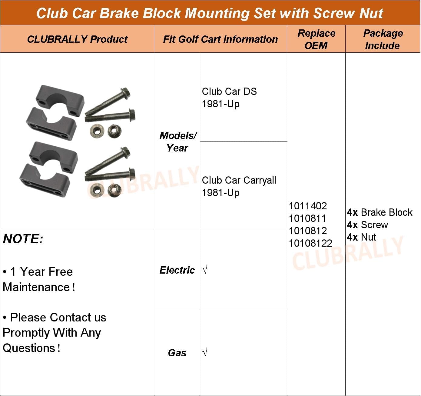 Golf Cart Brake Block & Mounting Hardware Kit for Club Car DS Carryall 1981-Up | DRIVE UP