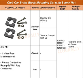 Golf Cart Brake Block & Mounting Hardware Kit for Club Car DS Carryall 1981-Up | DRIVE UP