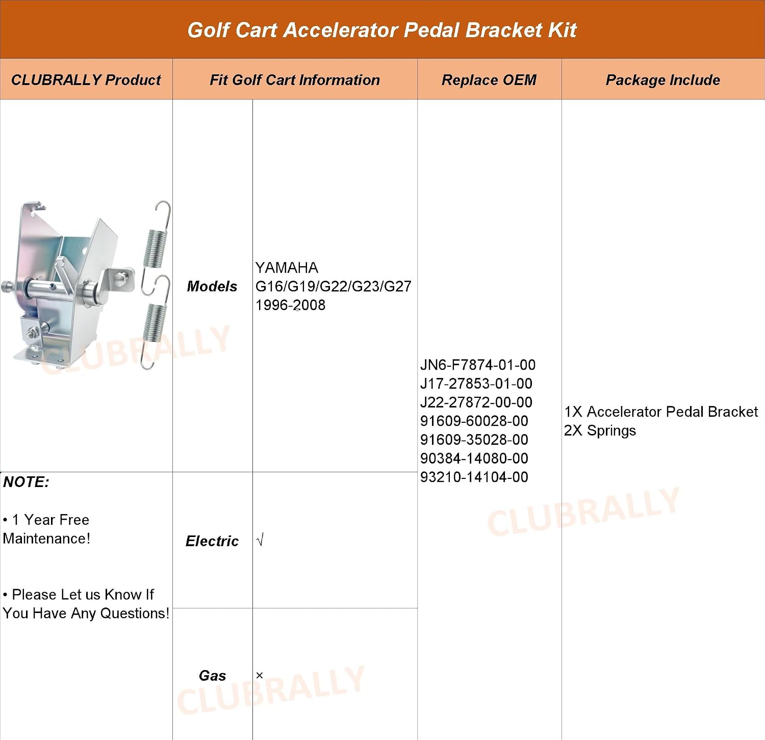 Accelerator Pedal Bracket Kit for Yamaha G16/G19/G22/G23/G27 Electric Golf Carts