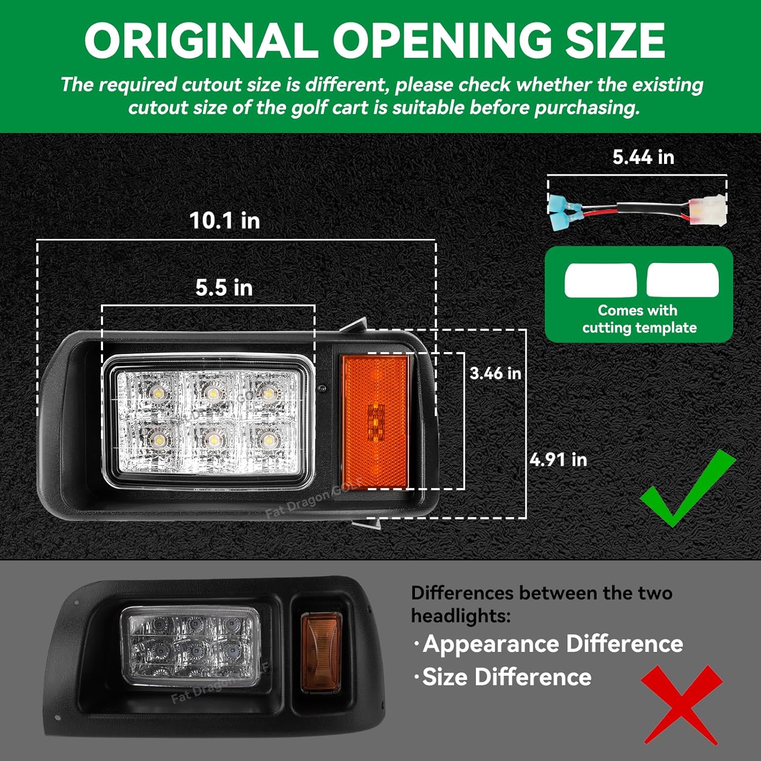 Club Car DS LED Headlight Kit with Adapter Wire, Factory Style LED Headlight Suitable for 1993-Up 12 Volt Club Car DS, Replace OEM 101988002 101988001