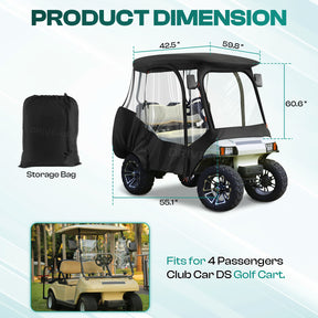Club Car Driving Enclosure for 4 Passenger DS, 600D Golf Cart Rain Cover with Zipper Door & 4-Sided Clear Window |Drive-up