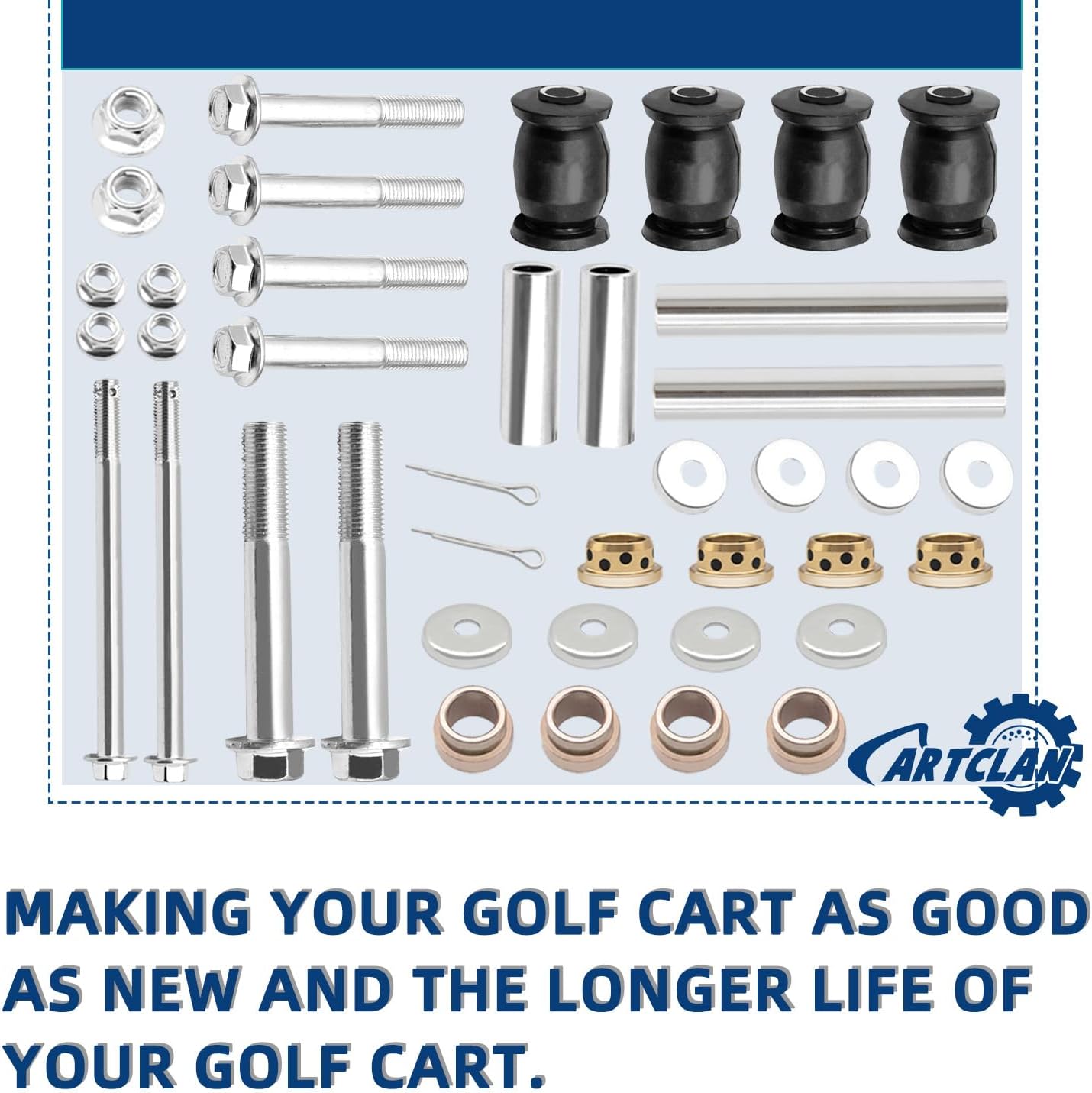 Drive-up Front Lower Arm King Pin & Spindle, Collar & Bushing Repair Kit with Bolt & Nut for Yamaha G&E G22 G29, OEM #91490-25020-00/ 91402-25020-00/ 2NL-23448-00-00/ 90387-12016-00/ 2NL-23517-00