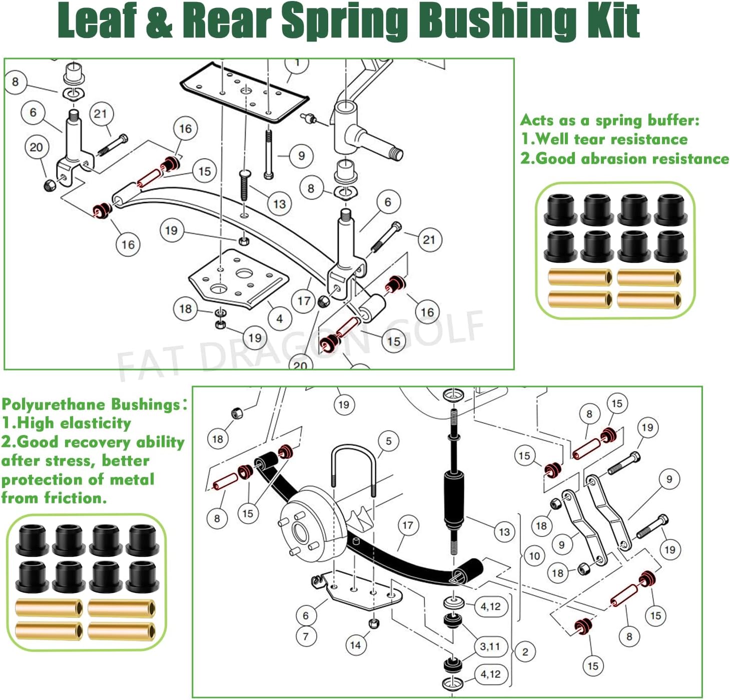 Panglong Front Lower Spring+Rear Leaf Spring+Upper A Arm Suspension for Club Car DS Polyurethane Bushings and Sleeves Kits Fit 1992-Up Golf Cart, Replace OEM 1016346 1016349 1016350 1015583 1012303