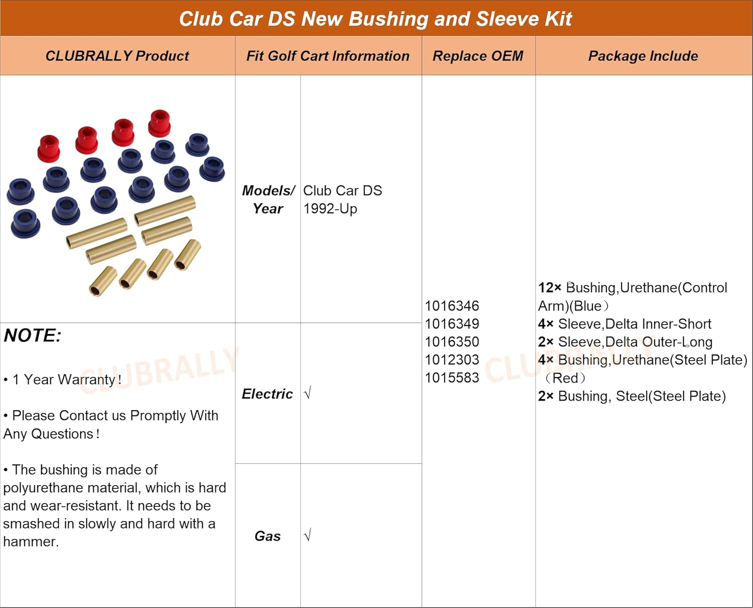 Golf Cart New Bushing and Sleeve Kit, Front or Rear Leaf Spring Front Upper A Arm Suspension for Club Car DS Gas & Electric 1992-Up, OEM #1016346