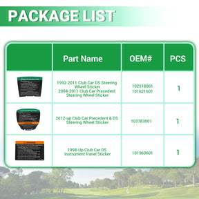 Golf Cart Steering Wheel Sticker/Dashboard Sticker Kit, for Club Car Precedent & DS Elec Models, OEM #102518001, 101621601 |Drive-up