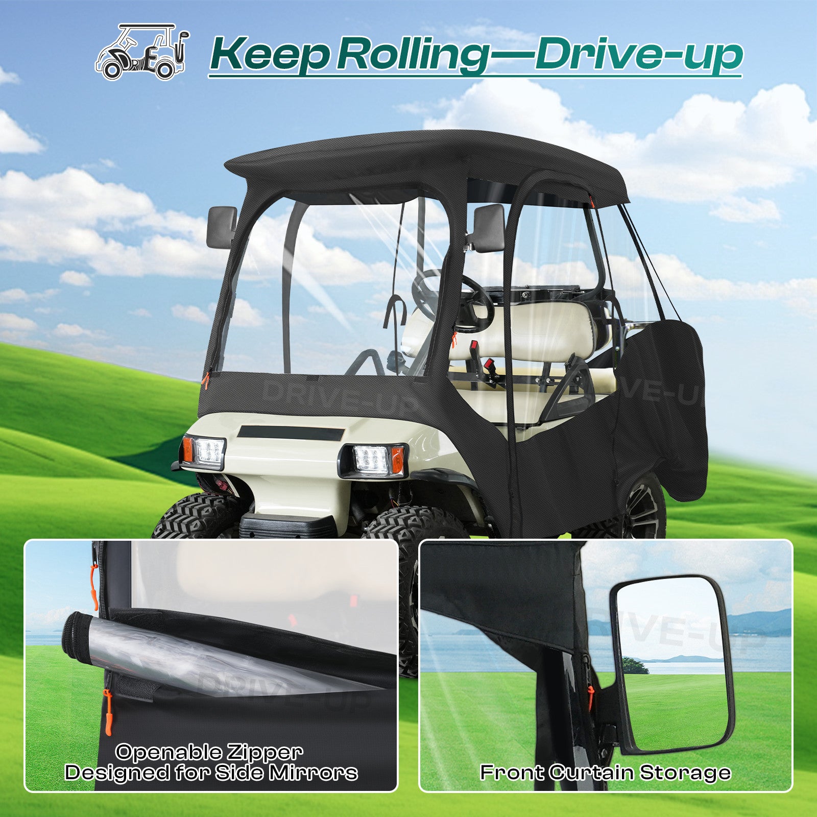 Club Car Driving Enclosure for 4 Passenger DS, 600D Golf Cart Rain Cover with Zipper Door & 4-Sided Clear Window |Drive-up