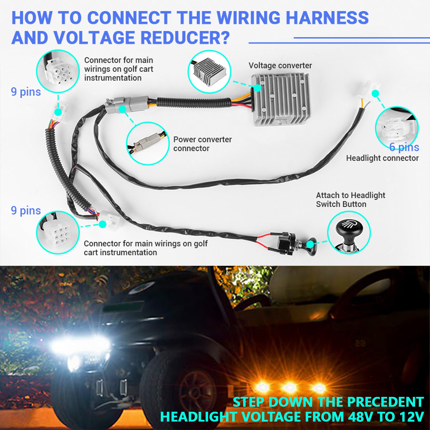 Drive-up Golf Cart Headlight DC Voltage Reducer 48V Step Down to 12V 15A Buck Converter, Voltage Regulator Kit for Club Car