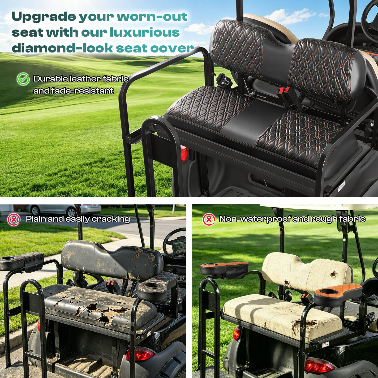 Universal Premium PVC Rear Seat Cover Set for 2+2 Golf Carts – 4 Design Options | DRIVE UP