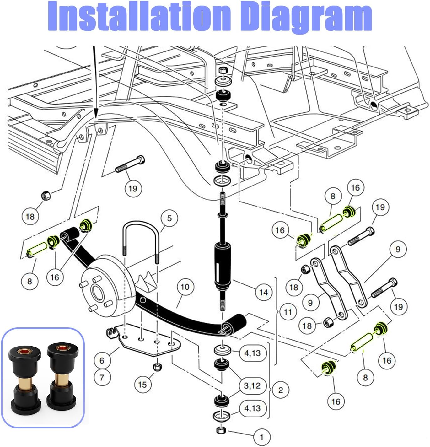 Club Car Front Leaf Spring Bushings Kit Polyurethane Bushing and Sleeve For 1992-UP DS 1015583 | Drive-up